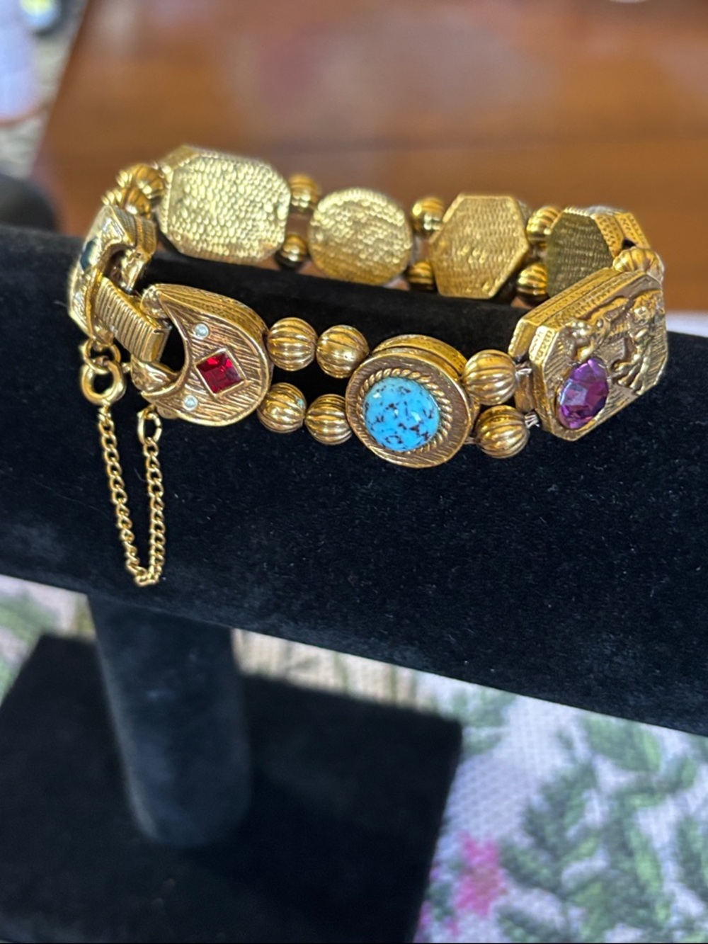 Gold-Tone Multi-Stone Stretch Bracelet with Turquoise and Gem Accents